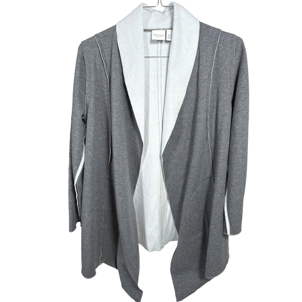 Weekends by Chico's Cardigan Size 1 Womens Open Front Fleece Shawl Grey White